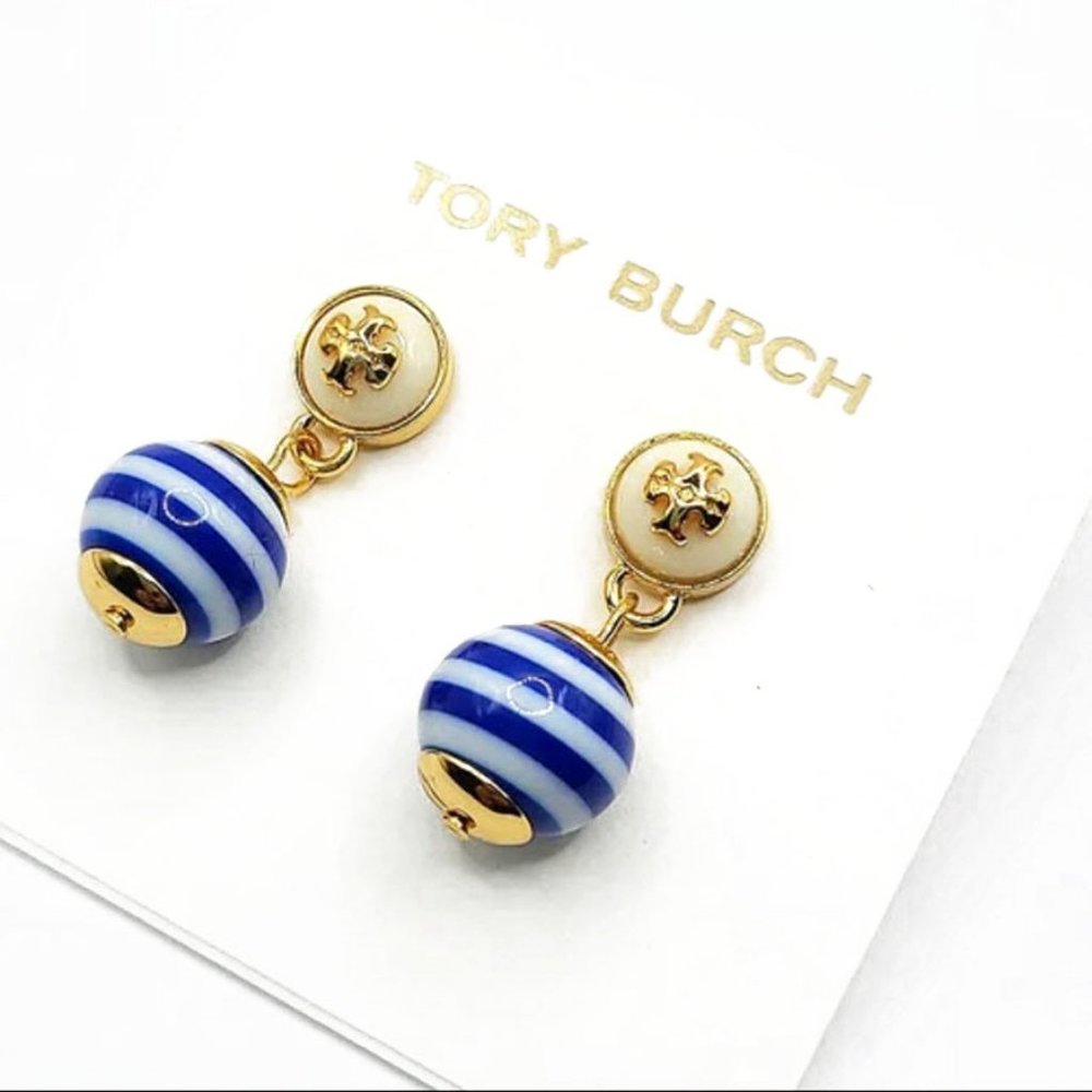 Tory Burch Blue & White Striped Saher Drop Earrings - Picture 4 of 7